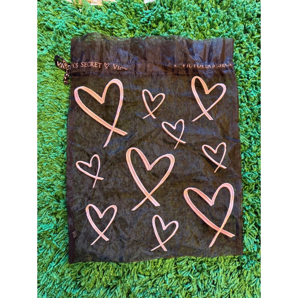 Victoria's Secret Lingerie Bag Womens OS Black Excellent Heart Mesh‎ Drawstring